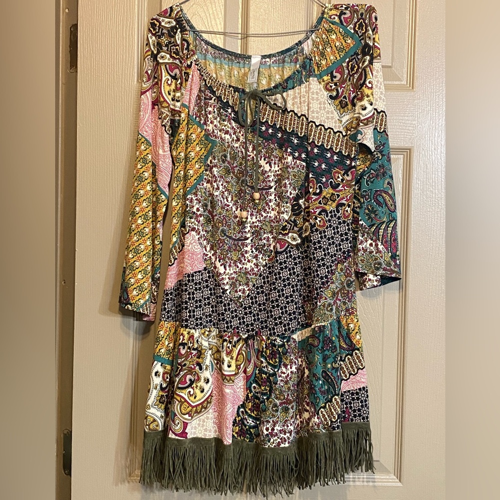 Compass Brand Poppy Tunic/ dress Size M Bohemian Patchwork with Fringe and beads
